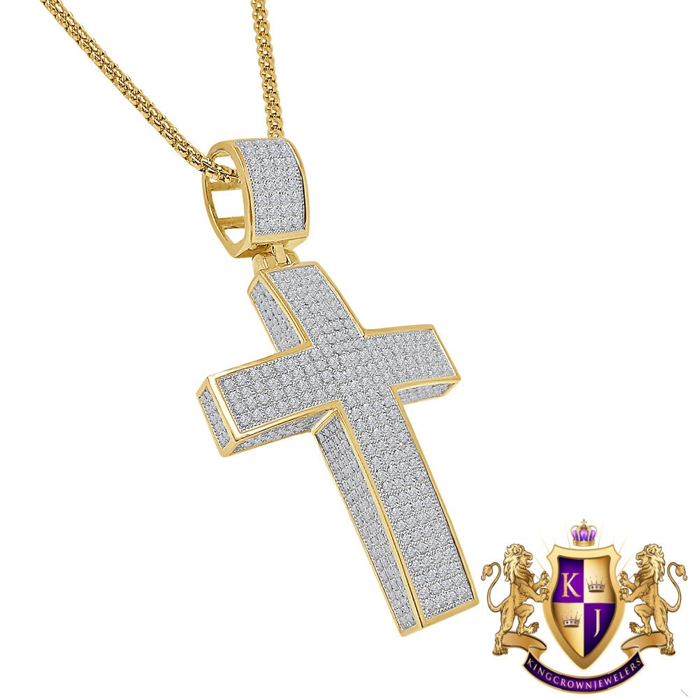 3D Genuine Real Sterling Silver Simulated Diamond 14K Gold Finish Jesus Cross Pendent Charm Chain Set 2.50''
