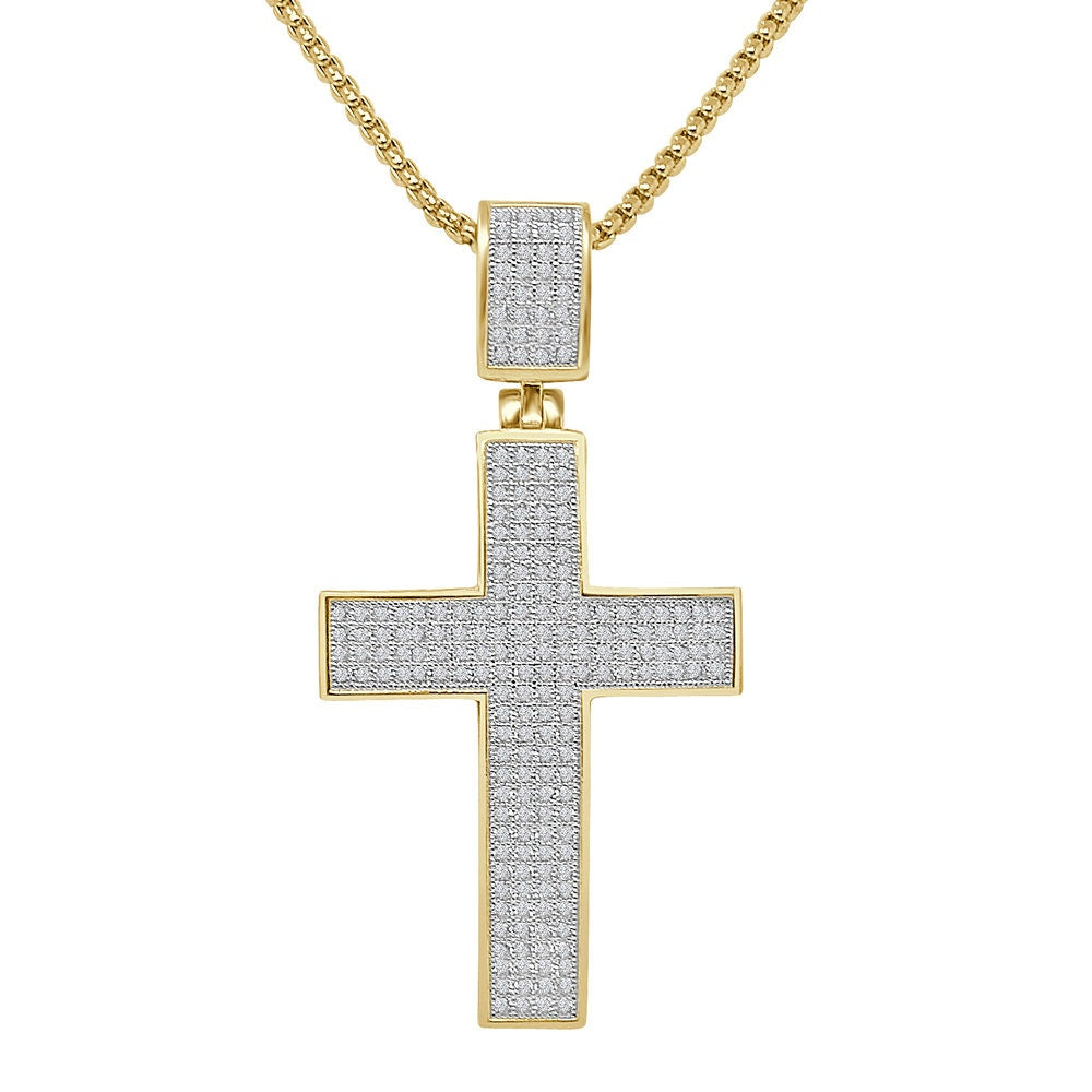 3D Genuine Real Sterling Silver Simulated Diamond 14K Gold Finish Jesus Cross Pendent Charm Chain Set 2.50''