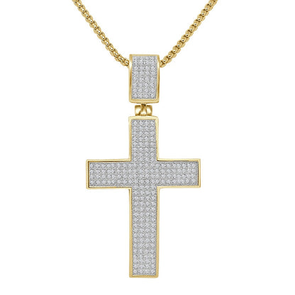 3D Genuine Real Sterling Silver Simulated Diamond 14K Gold Finish Jesus Cross Pendent Charm Chain Set 2.50''