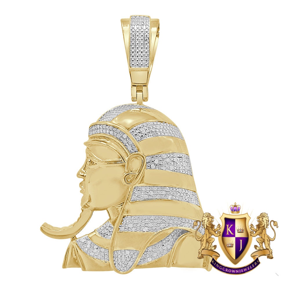 Real Genuine Authentic Natural Diamond 22+ Grams Egyptian King Tut Pharaoh Mummy Custom Pendant 10k Solid Gold Over Charm 2.25''
