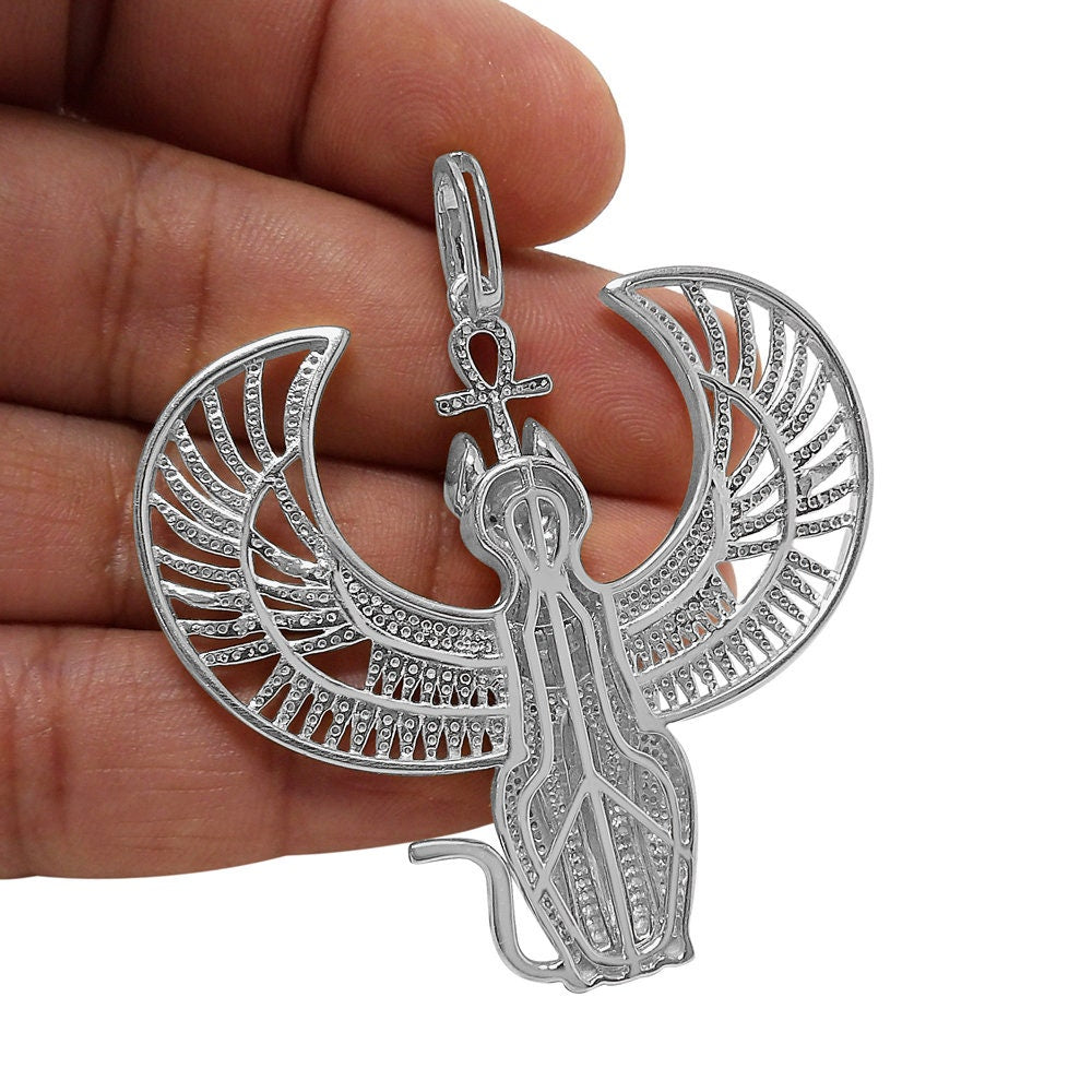 Real Genuine Diamond 21 + Grams 10K White Gold Over Anubis Egyptian God Ra Horus Osiris Seth Ankh Cross Pharaoh Custom Charm Pendent 2.50''