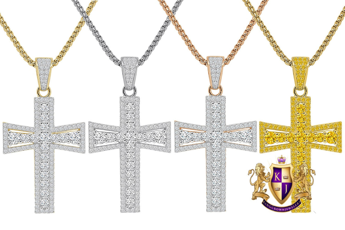 Designer Holy Cross Charm Genuine Real Sterling Silver Simulated Diamond 14K Gold Finish Pendent Chain Set 2''
