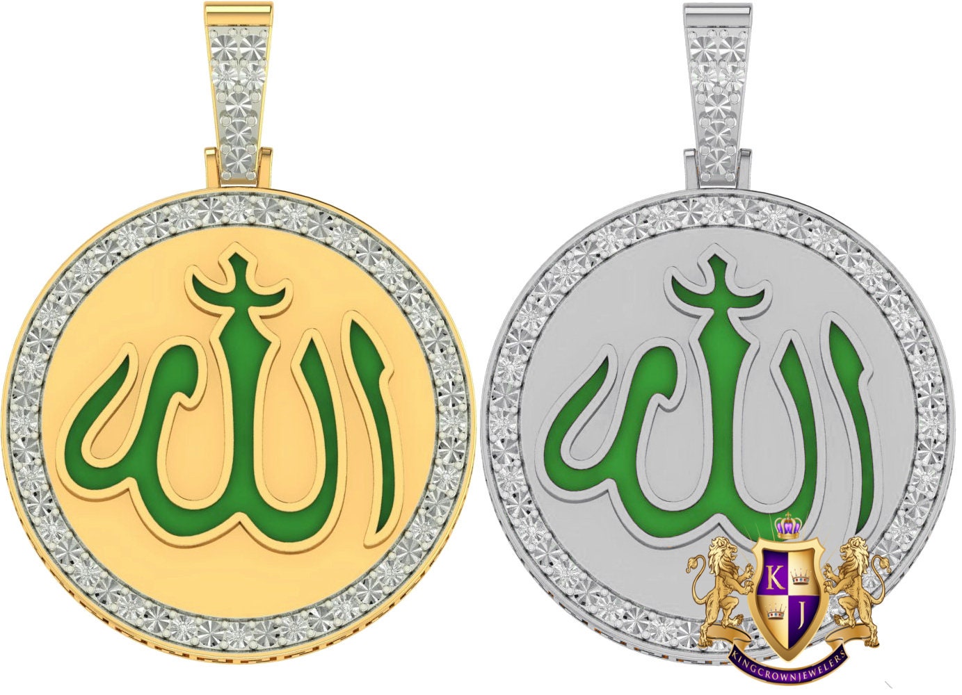 Real Genuine Authentic Diamond 10K Gold Over Muslim Islamic Arabic Pendent Charm Allah God Medallion 2''