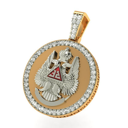 Real Genuine Diamond 32 Degree Scottish Rite Masonic Freemason Pendent 10K Gold Over Charm 2''