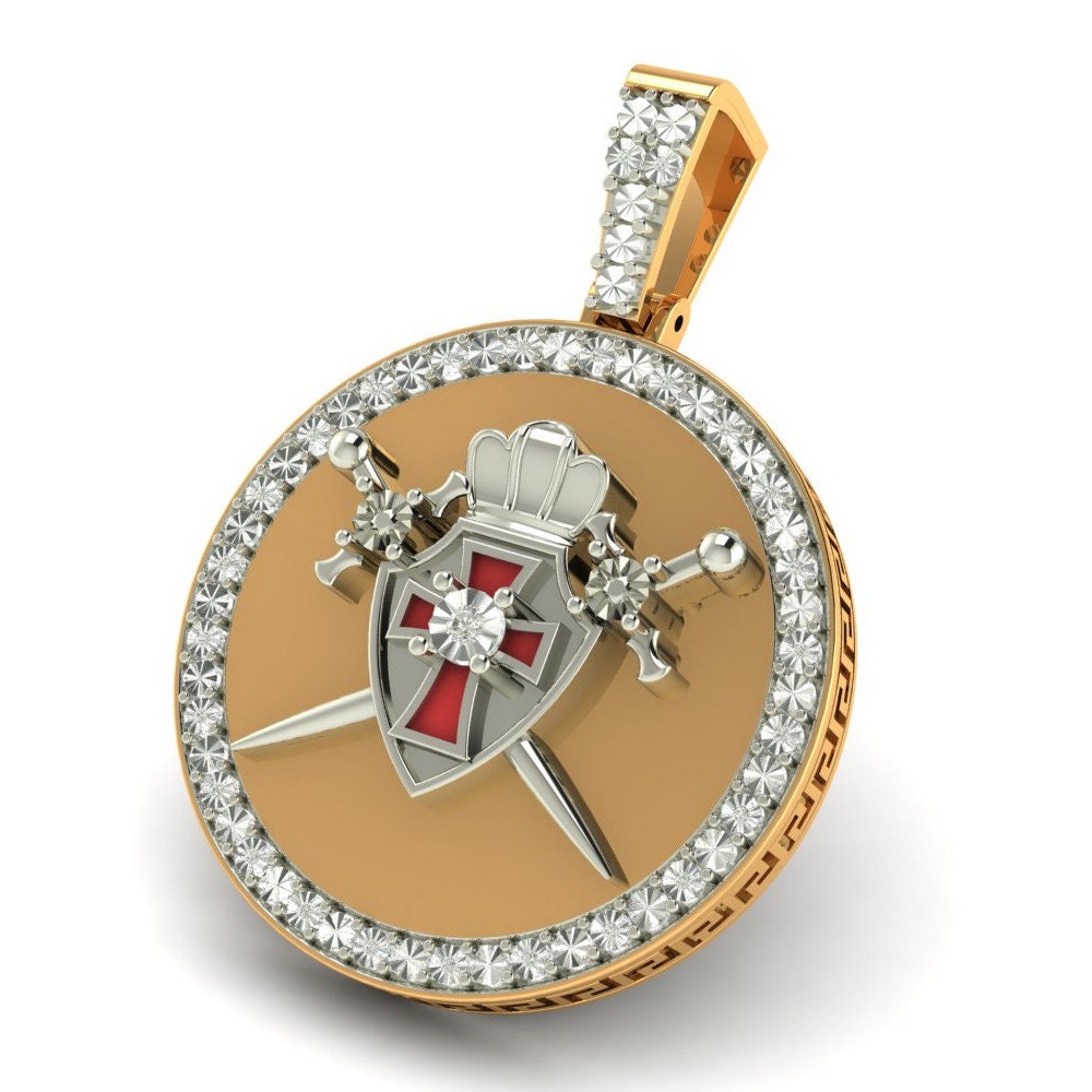 Real Genuine Diamond Knight Templar Masonic Shield and Sword Pendent 10K Gold Over Medallion Charm 2''