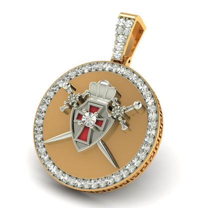 Real Genuine Diamond Knight Templar Masonic Shield and Sword Pendent 10K Gold Over Medallion Charm 2''