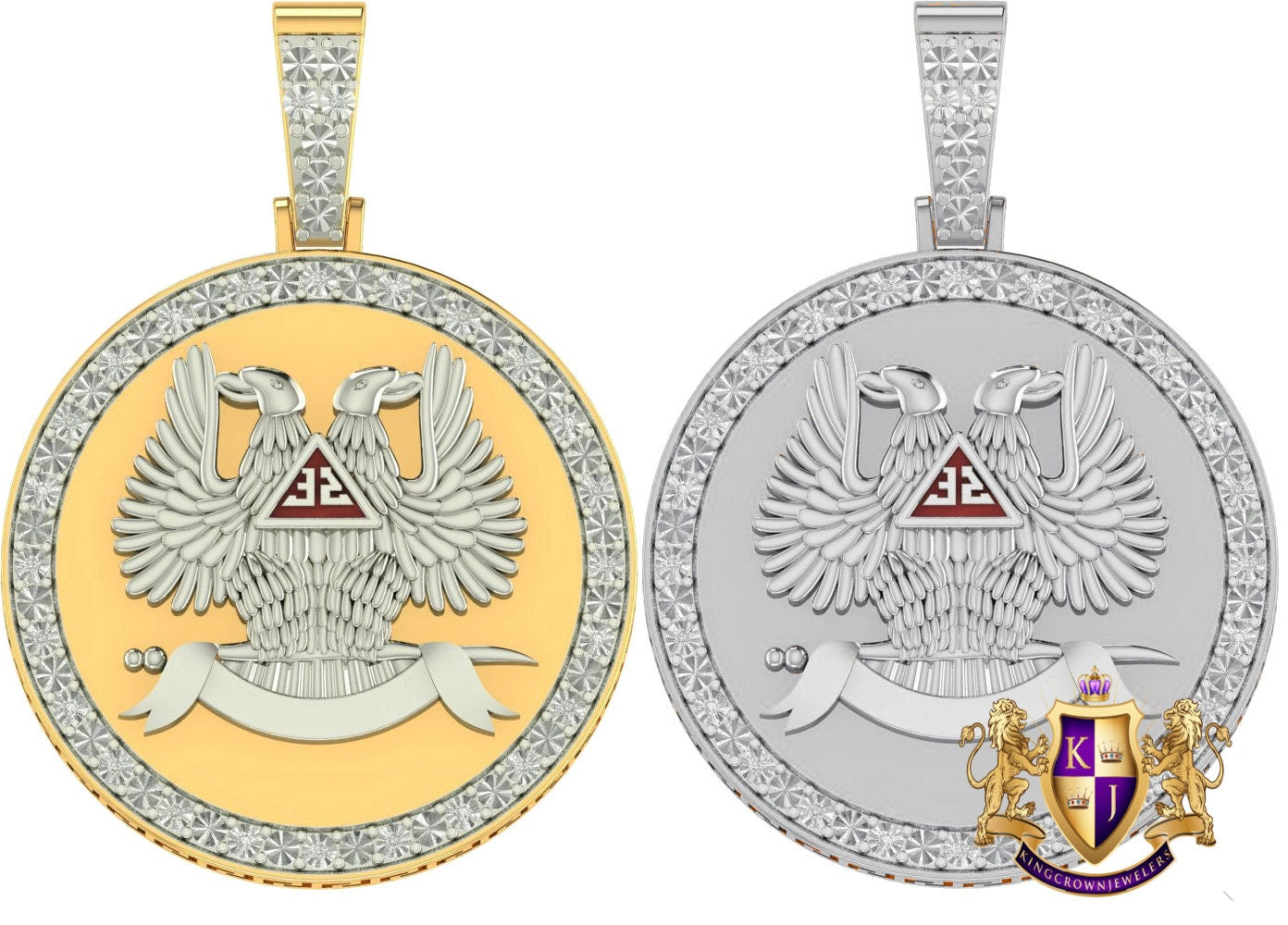 Real Genuine Diamond Scottish Rite 32 Degree Wings Up Masonic Knights Templar Freemasonry Freemason Pendent 10K Gold Over Charm 2''
