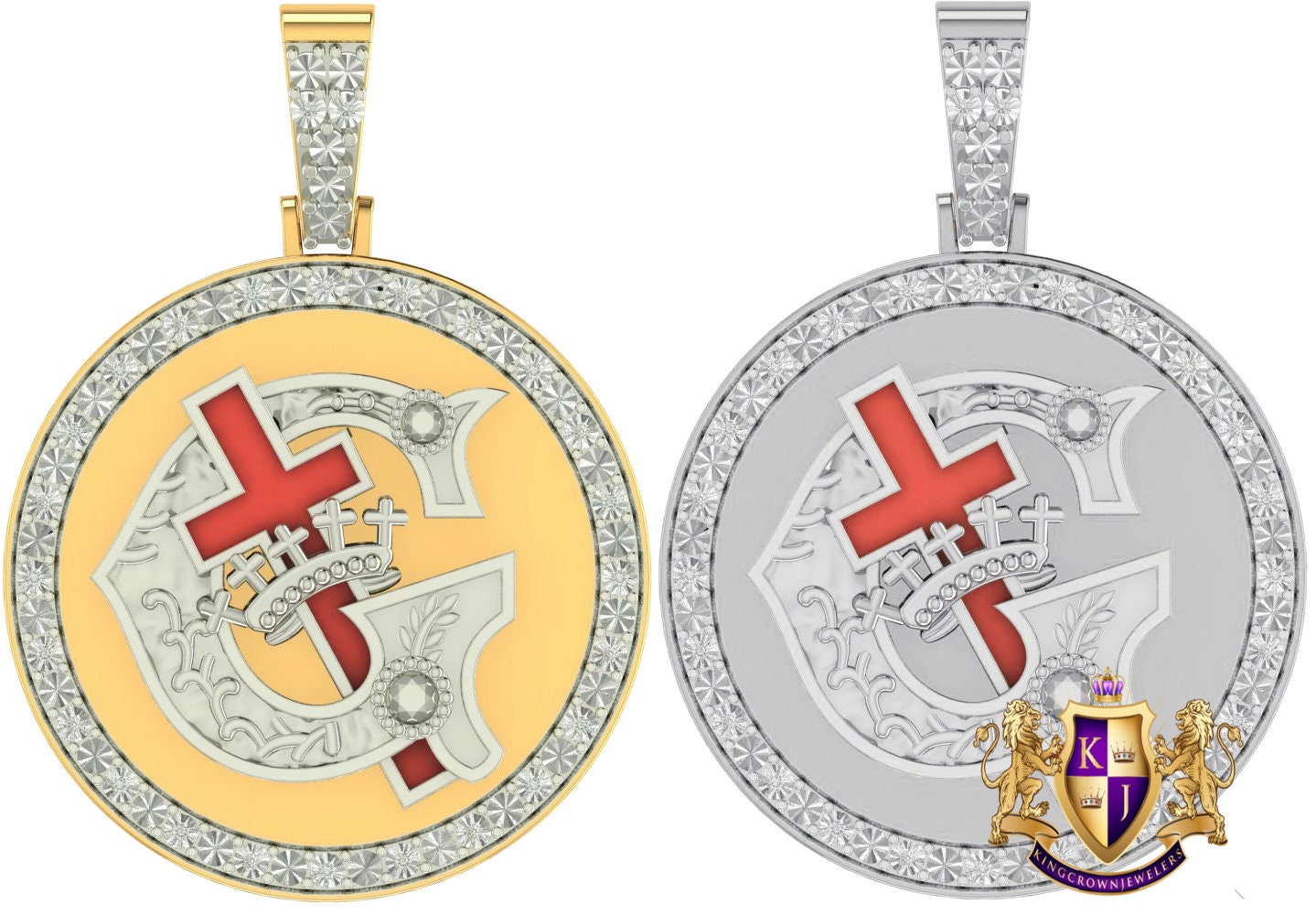 Genuine Real Diamond Knights Templar Masonic 14K Gold Over Freemason Custom Charm Pendent Medallion 2''