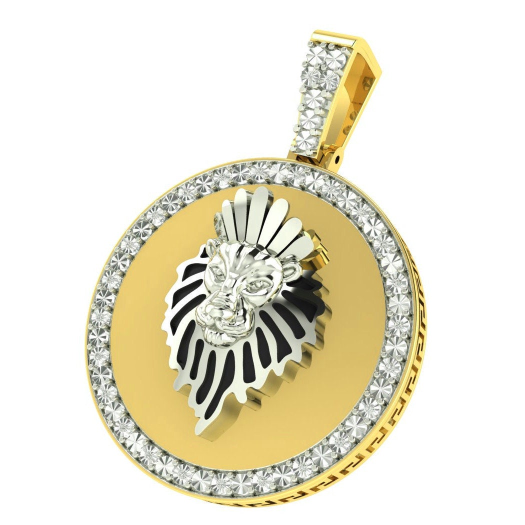 Authentic Genuine Real Diamond 10K Gold Finish Lion King Head Medallion Pendent Charm 2''