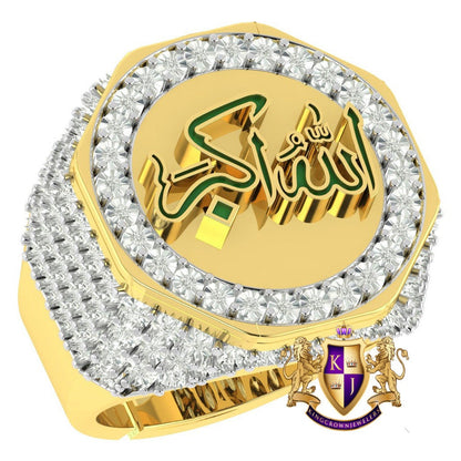 Real Genuine Authentic Diamond 10K Gold Over Allahu Akbar Muslim Islamic Arabic "God is Greater" Ring Band (Adjustable 9.5 Up 10.5)