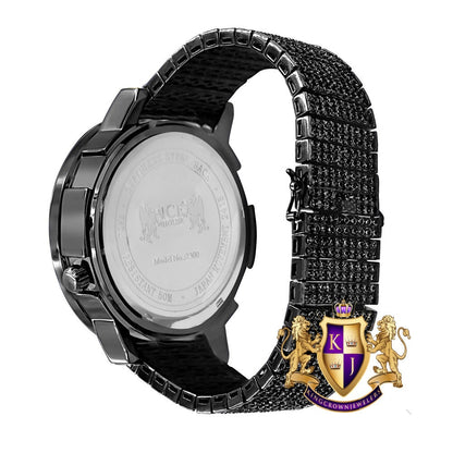 Men's Solitaire 18K Black Gold Finish 2 Time Zone Chronograph Real Diamond Dial Custom Bezel And Band Watch 45mm W/Date