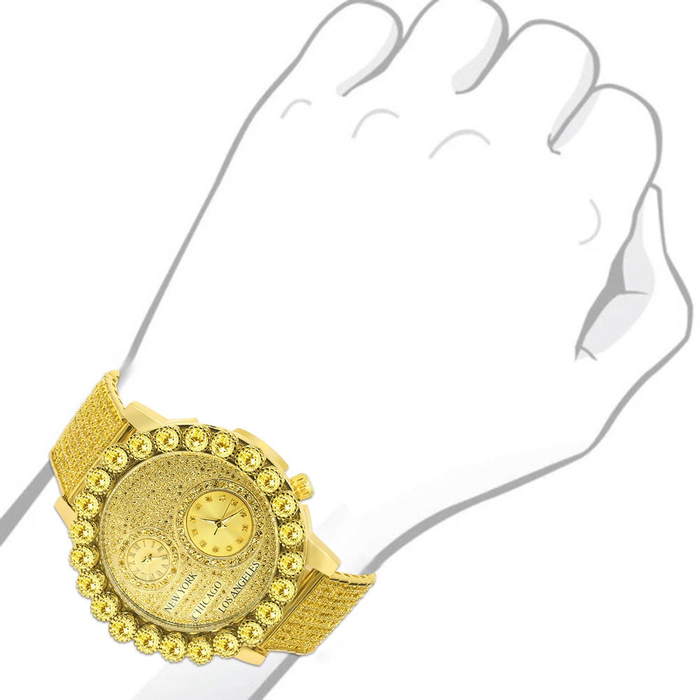 Canary Men's Solitaire 18K Gold Finish 2 Time Zone Chronograph Real Diamond Dial Custom Bezel And Band Watch 45mm W/Date
