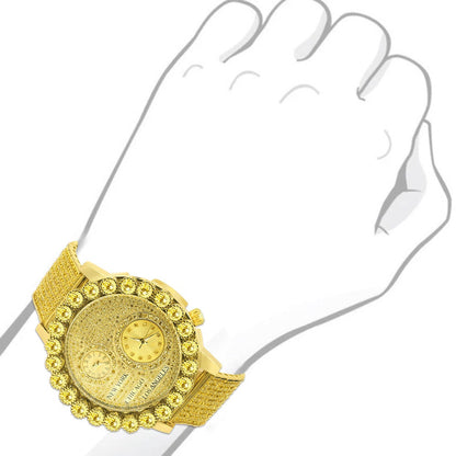 Canary Men's Solitaire 18K Gold Finish 2 Time Zone Chronograph Real Diamond Dial Custom Bezel And Band Watch 45mm W/Date