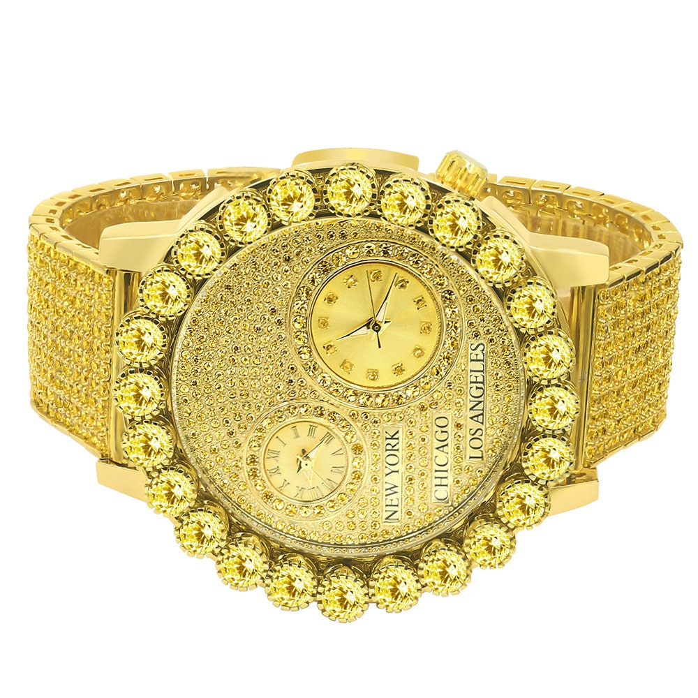 Canary Men's Solitaire 18K Gold Finish 2 Time Zone Chronograph Real Diamond Dial Custom Bezel And Band Watch 45mm W/Date