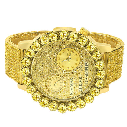 Canary Men's Solitaire 18K Gold Finish 2 Time Zone Chronograph Real Diamond Dial Custom Bezel And Band Watch 45mm W/Date