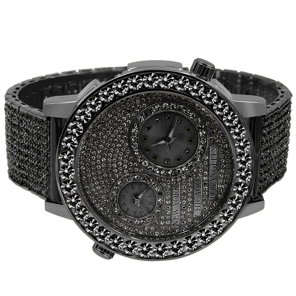 2 Time Zone Men's Chronograph Real Diamond Dial Men's 18K Black Gold Finish Flower Bezel Band Custom Watch Analog 45mm W/Date