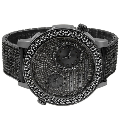 2 Time Zone Men's Chronograph Real Diamond Dial Men's 18K Black Gold Finish Flower Bezel Band Custom Watch Analog 45mm W/Date