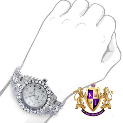 Solitaire Men's 14K White Gold Finish Simulated Diamond Water Resistance Steel Back Watch 45MM