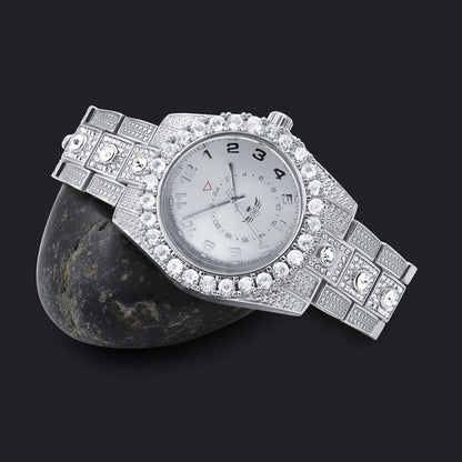 Solitaire Men's 14K White Gold Finish Simulated Diamond Water Resistance Steel Back Watch 45MM