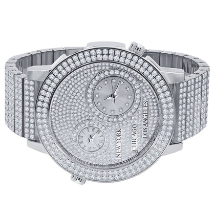 Men's Full Stainless Steel 2 Time Zone Chronograph 18K White Gold Tone Diamond Dial  Luxury Custom Watch 45mm