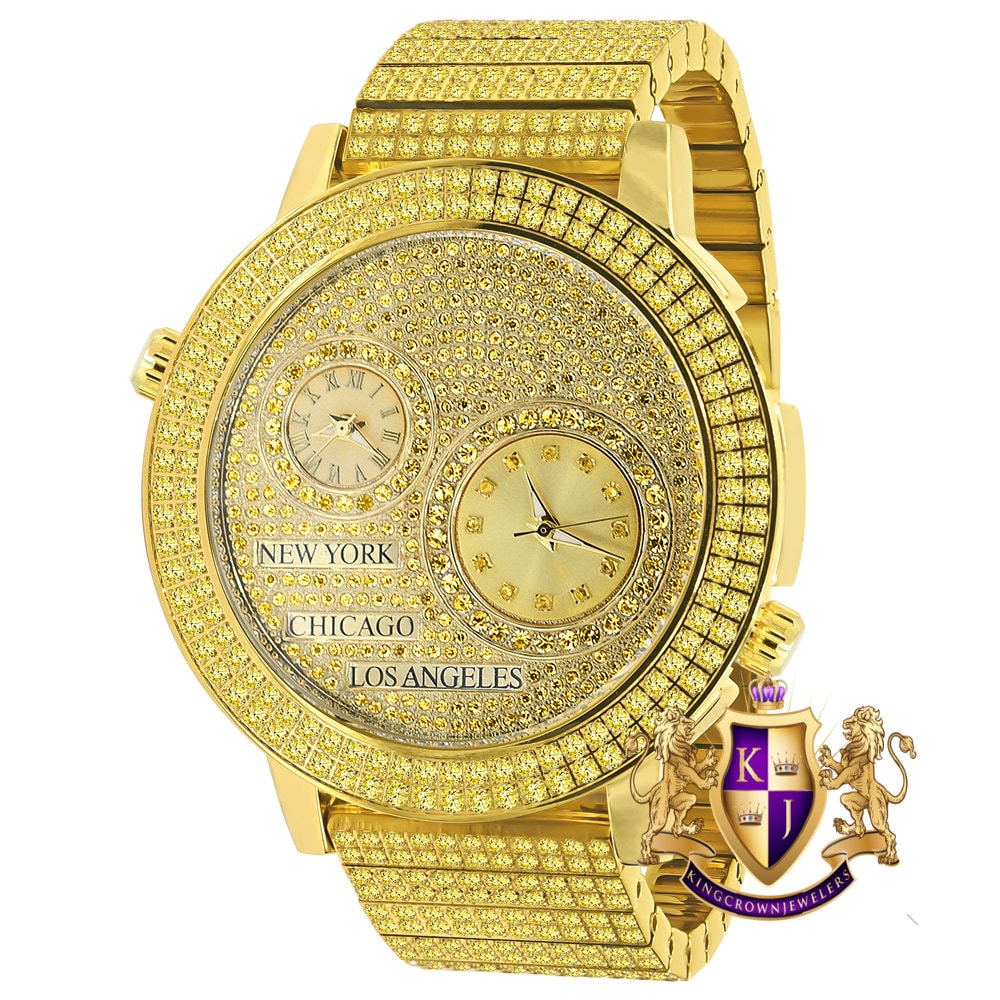 Canary Men's Full Stainless Steel 2 Time Zone Chronograph 18K Gold Tone Diamond Dial  Luxury Custom Watch 45mm
