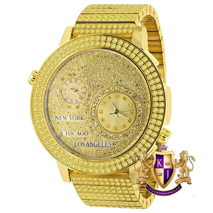 Canary Men's Full Stainless Steel 2 Time Zone Chronograph 18K Gold Tone Diamond Dial  Luxury Custom Watch 45mm