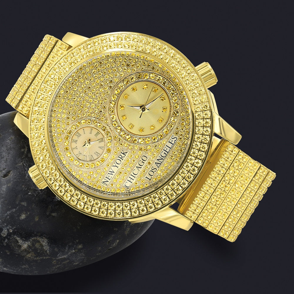 Canary Men's Full Stainless Steel 2 Time Zone Chronograph 18K Gold Tone Diamond Dial  Luxury Custom Watch 45mm