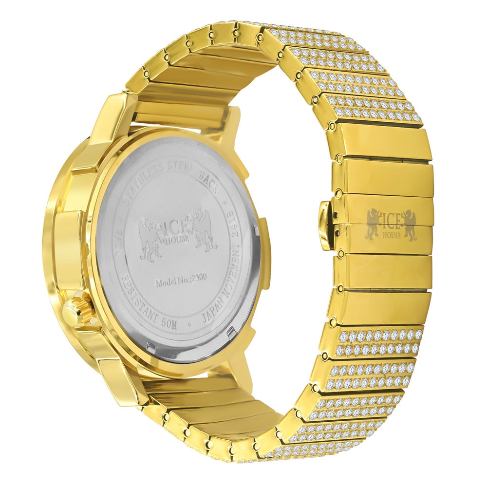 Men's Full Stainless Steel 2 Time Zone Chronograph 18K Yellow Gold Tone Diamond Dial  Luxury Custom Watch 45mm