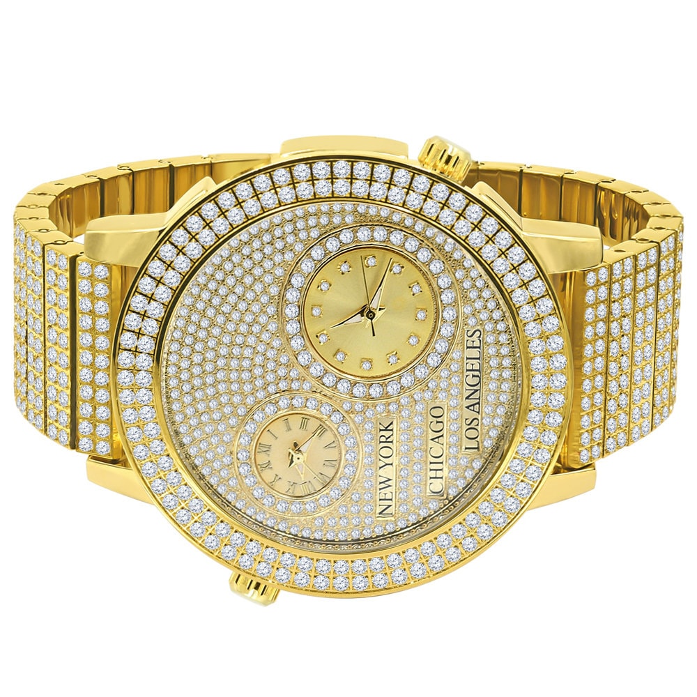 Men's Full Stainless Steel 2 Time Zone Chronograph 18K Yellow Gold Tone Diamond Dial  Luxury Custom Watch 45mm