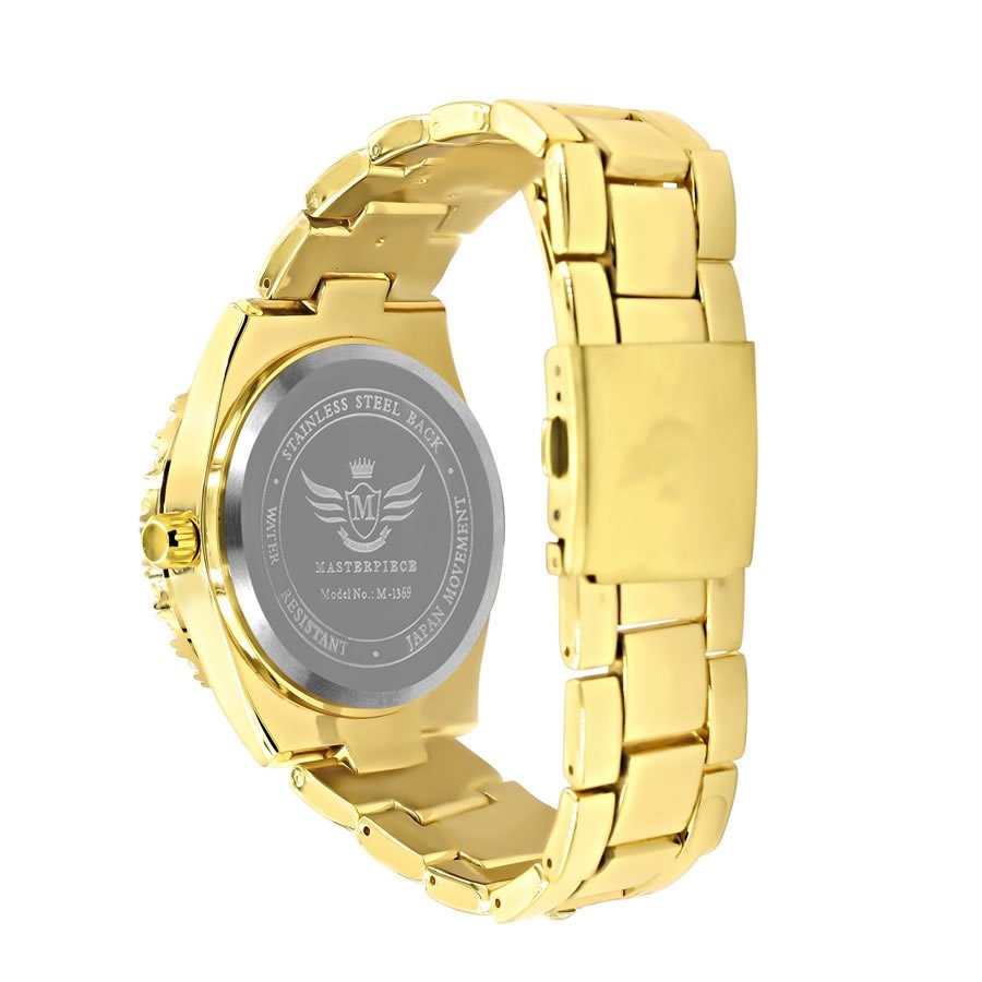 Solitaire Men's 14K Yellow Gold Finish Simulated Diamond Water Resistance Steel Back Watch 45MM