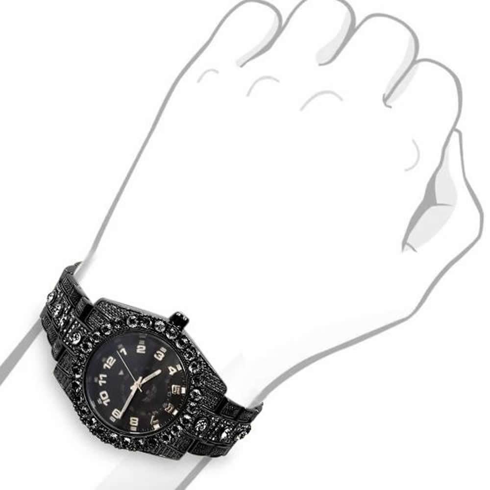 Solitaire Men's 14K Black Gold Finish Simulated Diamond Water Resistance Steel Back Watch 45MM