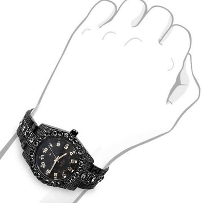 Solitaire Men's 14K Black Gold Finish Simulated Diamond Water Resistance Steel Back Watch 45MM