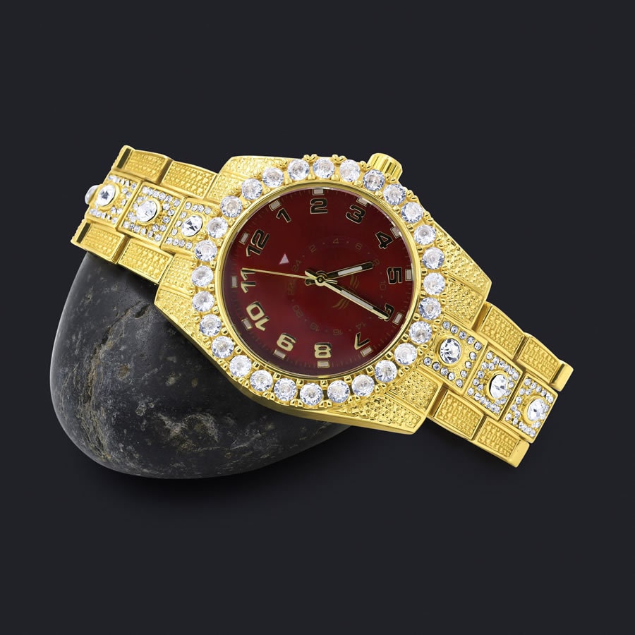 Ruby Red Dial Solitaire Men's 14K Gold Finish Simulated Diamond Water Resistance Steel Back Watch 45MM