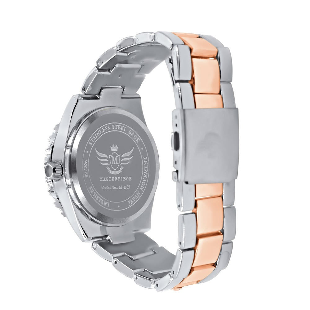Solitaire Men's 2 Tone Rose Gold Finish Simulated Diamond Water Resistance Steel Back Watch 45MM