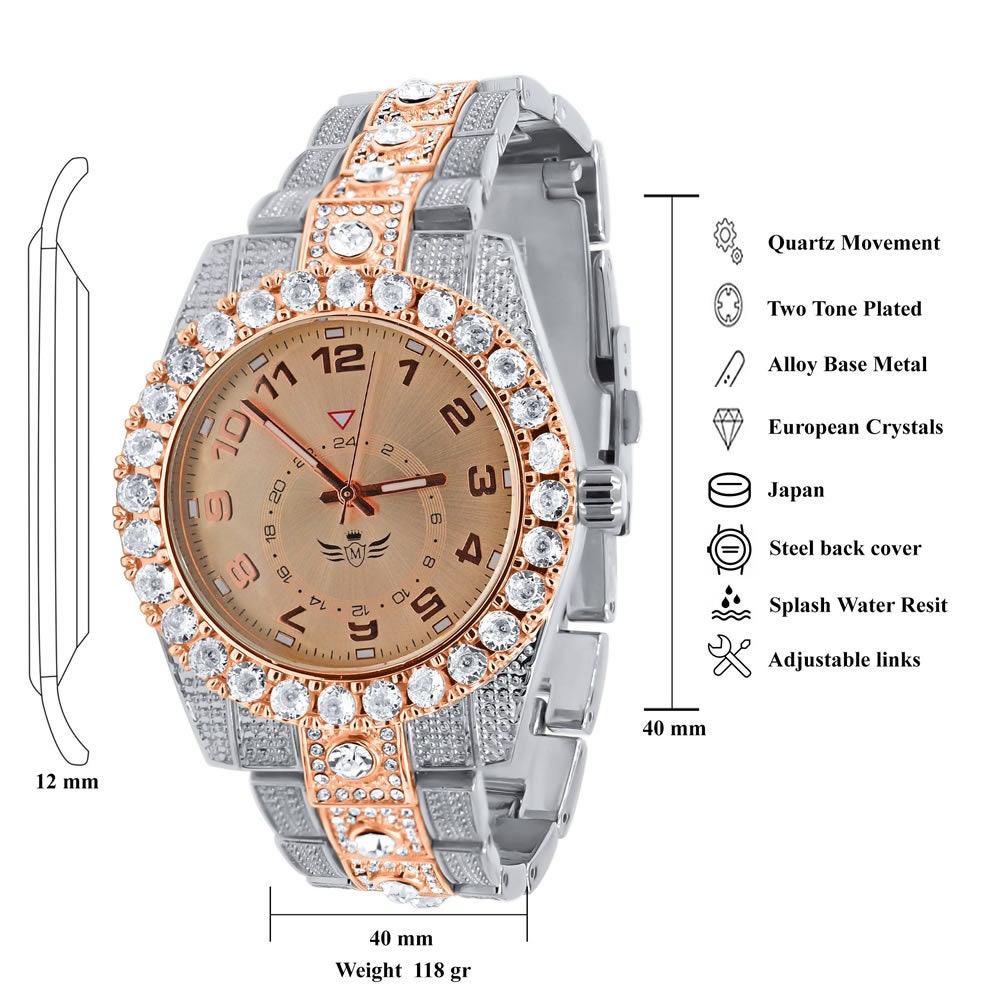 Solitaire Men's 2 Tone Rose Gold Finish Simulated Diamond Water Resistance Steel Back Watch 45MM