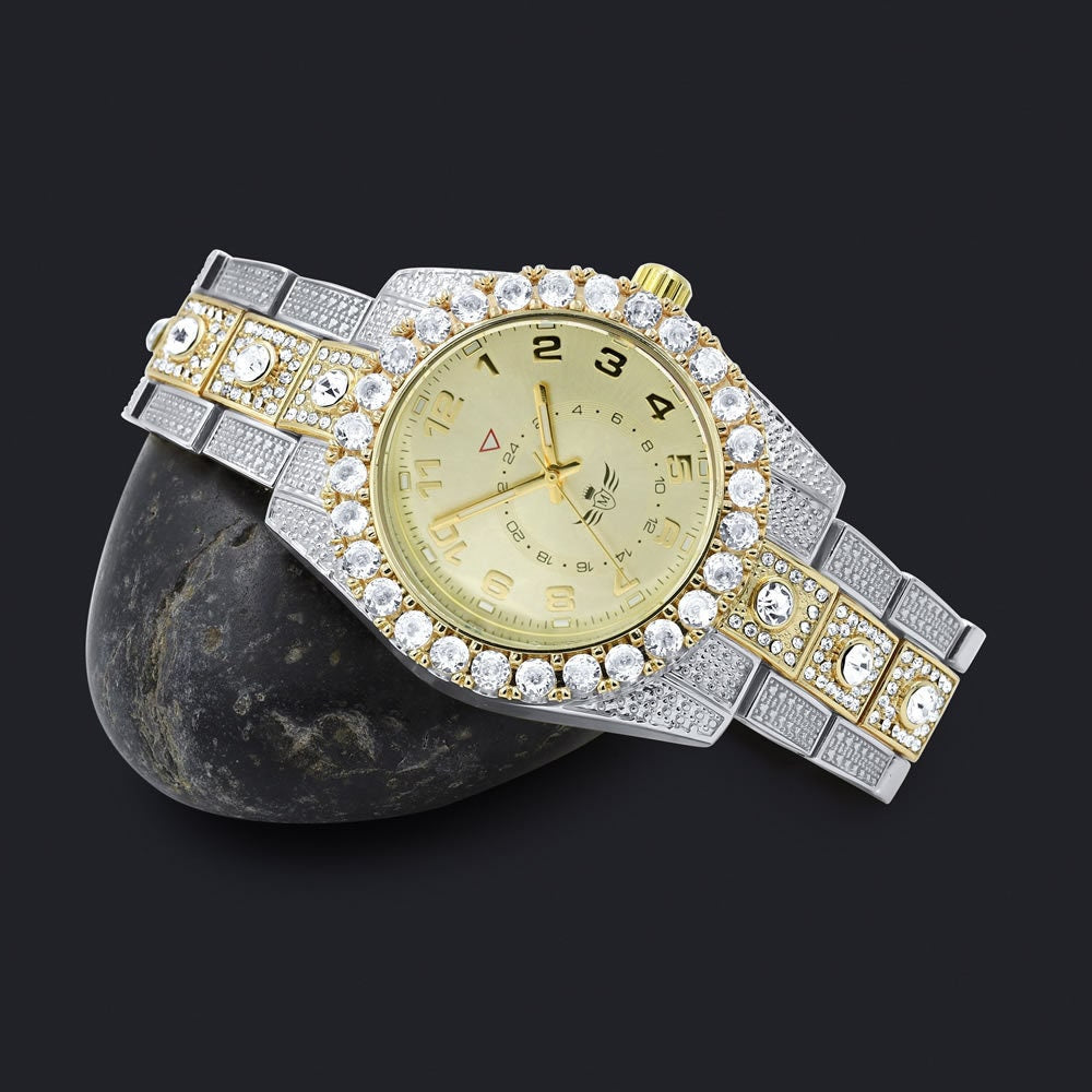 Solitaire Men's 2 Tone Gold Finish Simulated Diamond Water Resistance Steel Back Watch 45MM