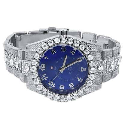 Blue Sapphire Dial Solitaire Men's 14K White Gold Tone Simulated Diamond Water Resistance Steel Back Watch 45MM