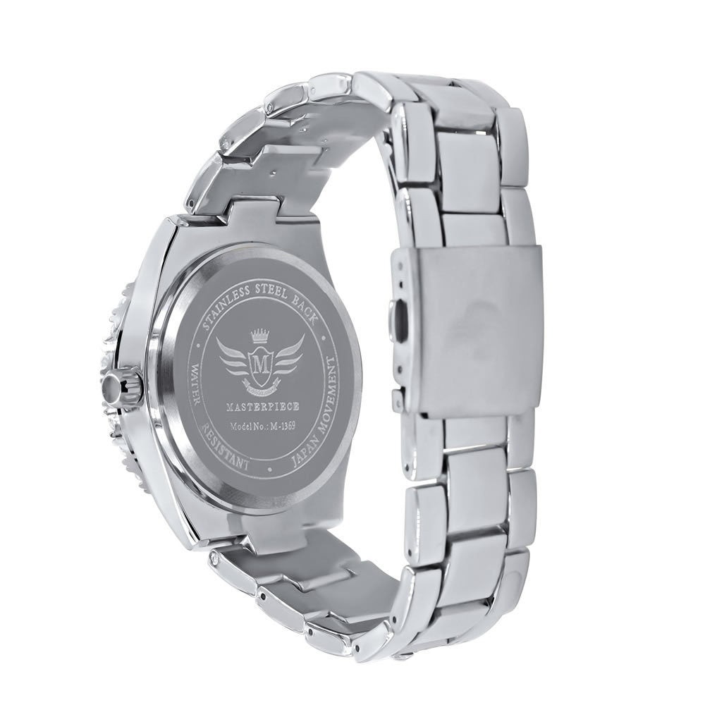 Blue Sapphire Dial Solitaire Men's 14K White Gold Tone Simulated Diamond Water Resistance Steel Back Watch 45MM