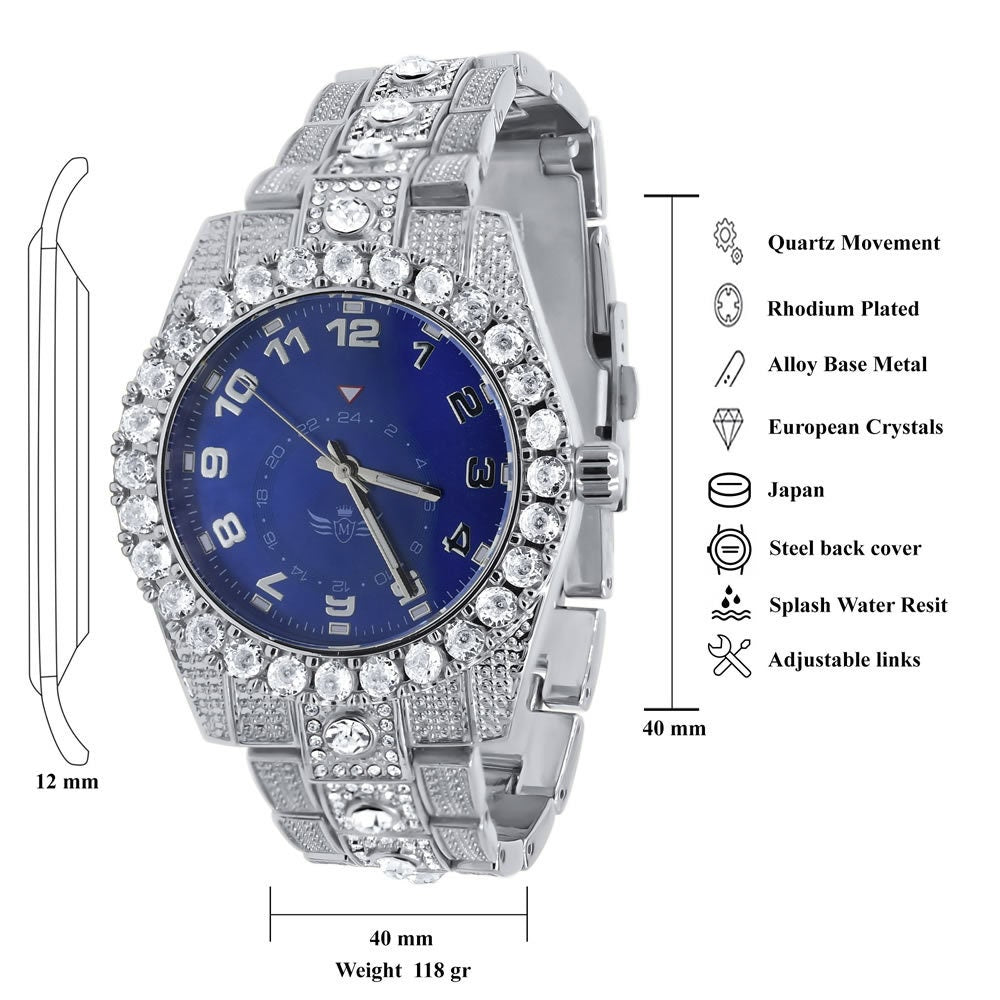 Blue Sapphire Dial Solitaire Men's 14K White Gold Tone Simulated Diamond Water Resistance Steel Back Watch 45MM