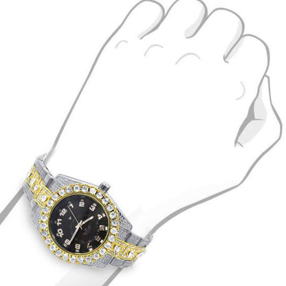 Black Dial Solitaire Men's 2 Tone Gold Finish Simulated Diamond Water Resistance Steel Back Watch 45MM