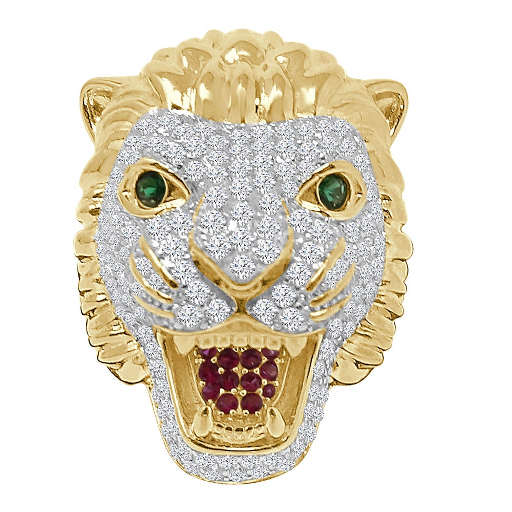 Men's Emerald Green Eye 14K Yellow Gold On Real Sterling Silver Simulated Diamond Lion Head Wolf Face Custom Ring Band