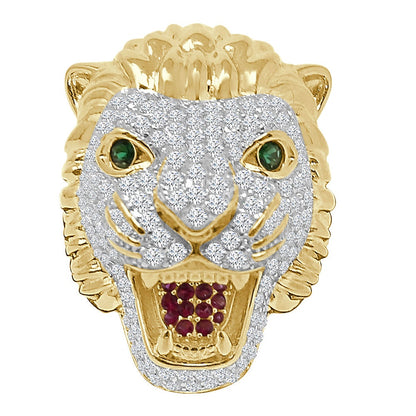 Men's Emerald Green Eye 14K Yellow Gold On Real Sterling Silver Simulated Diamond Lion Head Wolf Face Custom Ring Band