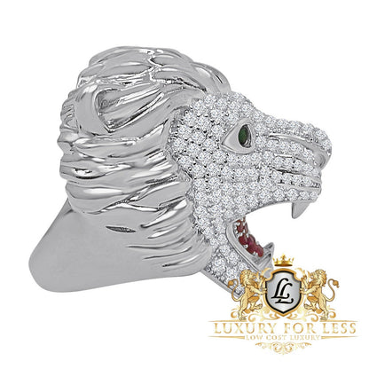 Men's Emerald Green Eye 14K White Gold On Real Sterling Silver Simulated Diamond Lion Head Wolf Face Custom Ring Band