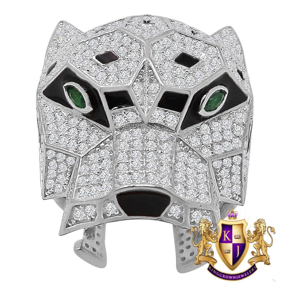Big Bold 14K White Gold On Real Sterling Silver Simulated Diamond Lion Head Wolf Face Men's Custom Ring Band