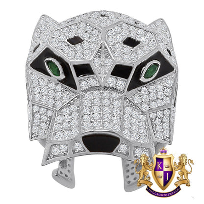 Big Bold 14K White Gold On Real Sterling Silver Simulated Diamond Lion Head Wolf Face Men's Custom Ring Band
