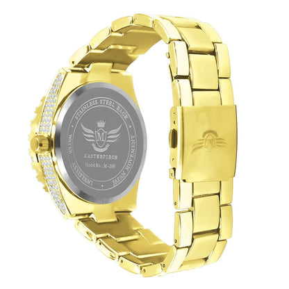 18K Yellow Gold Finish Simulated Diamond Solid Steel Back Solitaire Bezel & Band Men's Watch 40mm W/Date Function