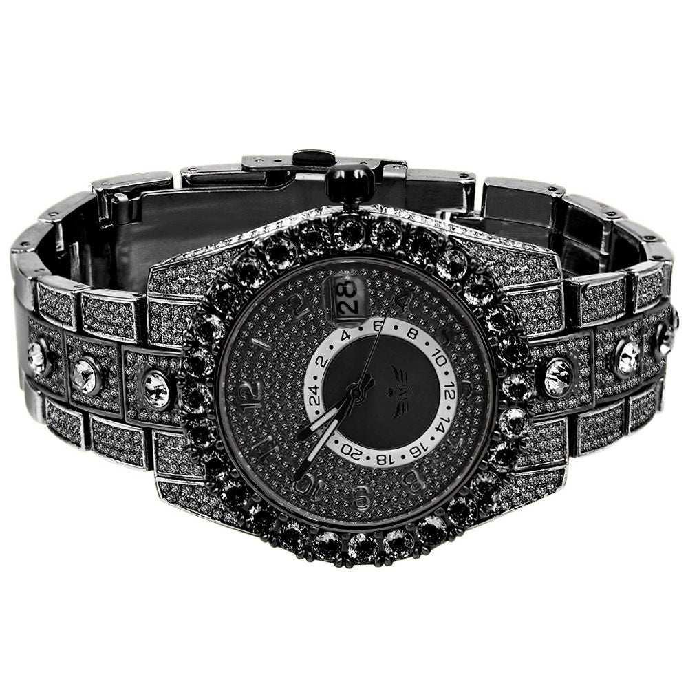 18K Black Gold Finish Simulated Diamond Solid Steel Back Solitaire Bezel & Band Men's Watch 40mm W/Date Function