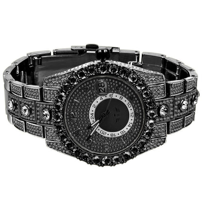 18K Black Gold Finish Simulated Diamond Solid Steel Back Solitaire Bezel & Band Men's Watch 40mm W/Date Function