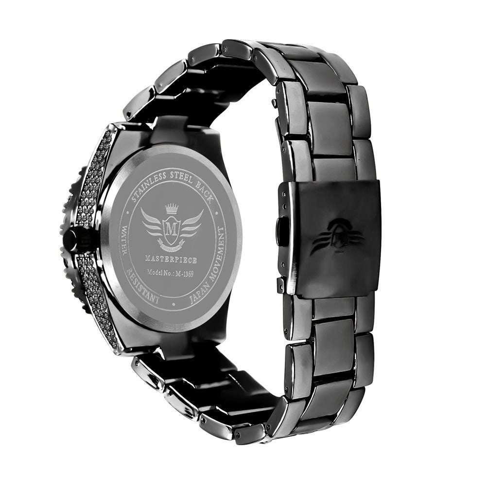 18K Black Gold Finish Simulated Diamond Solid Steel Back Solitaire Bezel & Band Men's Watch 40mm W/Date Function