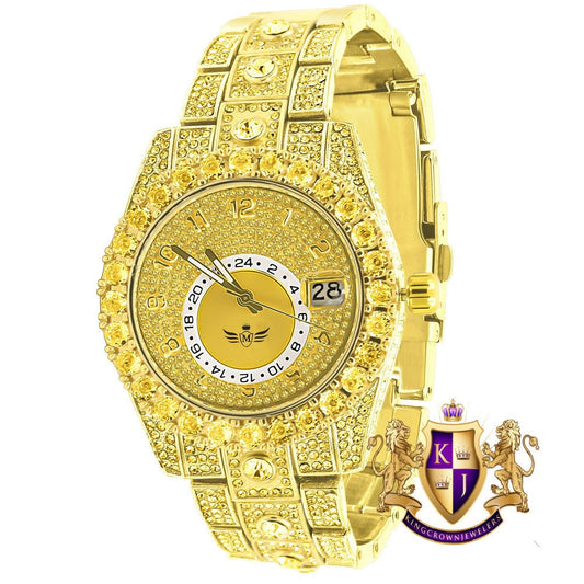 18K Canary Gold Finish Simulated Diamond Solid Steel Back Solitaire Bezel & Band Men's Watch 40mm W/Date Function